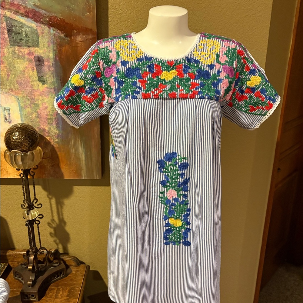 Colorful Buddy Love Embroidered Striped Dress (XS)